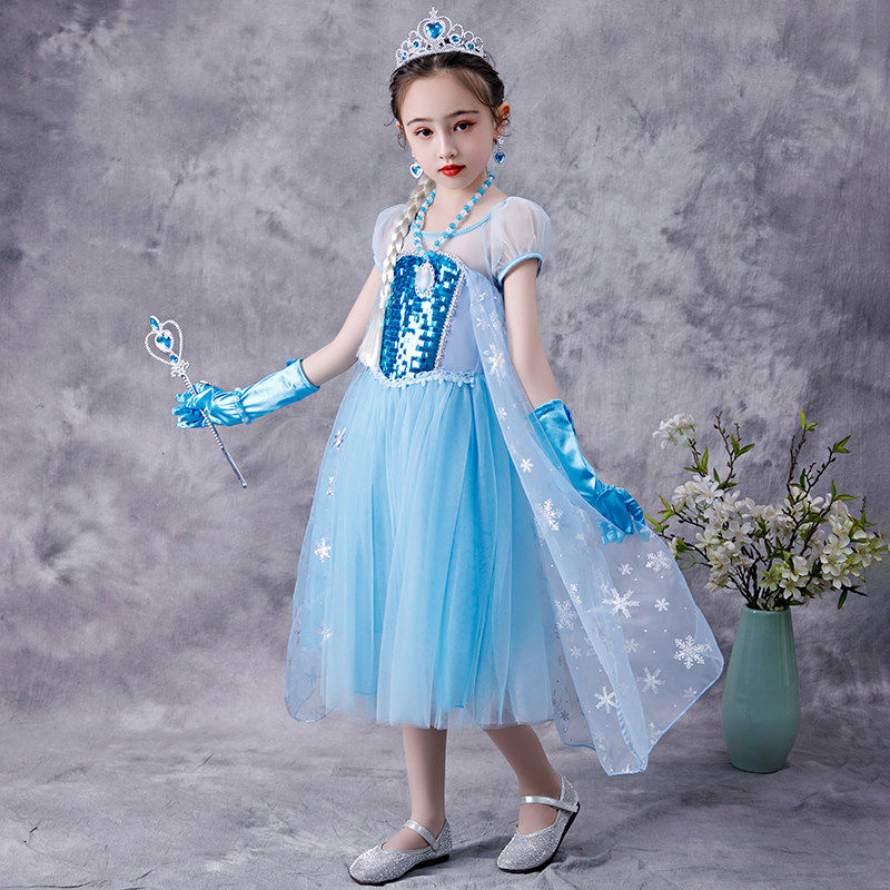 爱莎公主裙女童夏季生日礼服小女孩艾莎连衣裙儿童蓬蓬裙冰雪奇缘