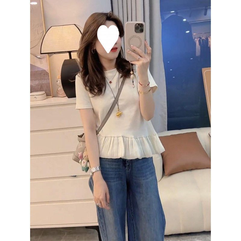白色纯棉正肩短袖t恤女2025新款夏季蕾丝花边设计感chic韩系上衣