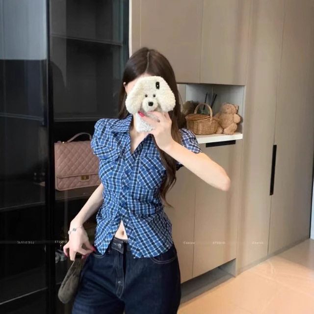【原版格子】复古格子短袖衬衫女夏季修身显瘦收腰甜辣妹衬衣上衣