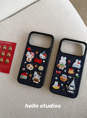 hello studios秋冬可爱牛仔米菲Kitty刺绣手机壳适用苹果17promax新款iPhone16PRo/14pro壳15/13