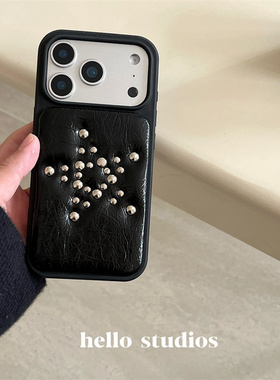hello studios高级小众黑色铆钉五角星皮质壳适用苹果17promax新款iPhone16PRo/14pro壳15/13