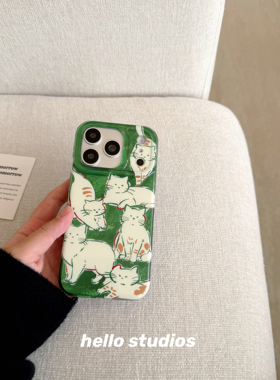 hello studios创意绿色小猫双层手机壳适用苹果17promax新款iPhone16PRo/14pro壳15/17pro