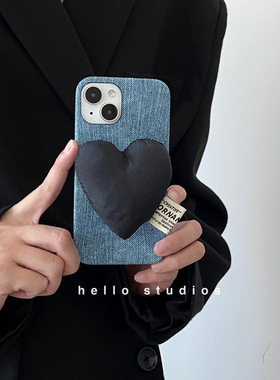 ins牛仔皮质黑色爱心支架手机壳适用苹果14promax软12/11iPhone13