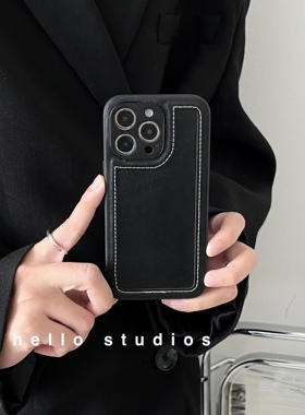 简约复古高级感黑色皮纹手机壳适用苹果14promax硬12iPhone13/11