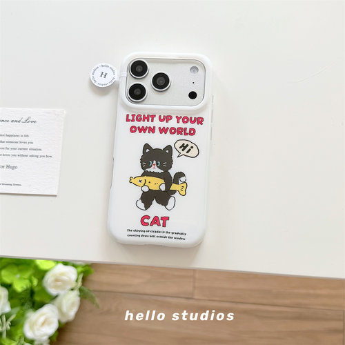 卡通ins黑猫英文小鱼手机壳