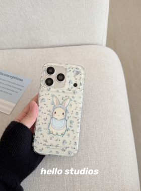 hello studios春天蓝色碎花兔子双层手机壳适用苹果17promax新款iPhone16PRo/14pro壳15/17pro