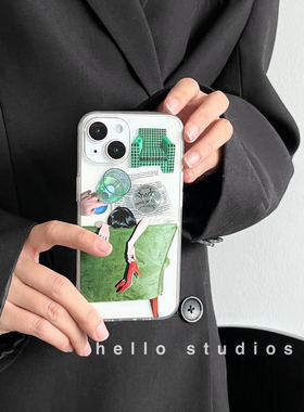 hello studios韩国ins绿色沙发插画手机壳13适用iPhone14promax苹果15proMax全包13PRO透明12软壳11