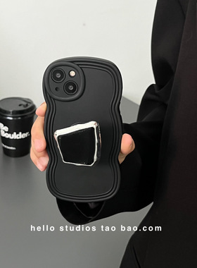 hello studios高级感黑色波浪宝石支架手机壳12适用iPhone15promax苹果15proMax全包13PRO防摔13软11