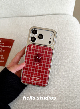hello studios韩系红色格子立体小熊手机壳适用苹果17promax新款iPhone16PRo/14pro壳15/17pro