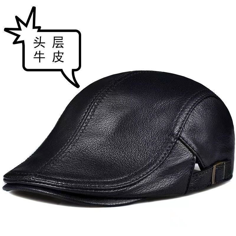 头层牛皮鸭舌帽四季薄款中老年软面牛皮帽子复古绅士帽休闲前进帽