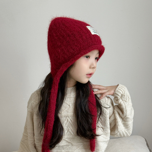 儿童帽子女孩2025新款毛线帽保暖防寒冬季女童护耳针织帽红色洋气