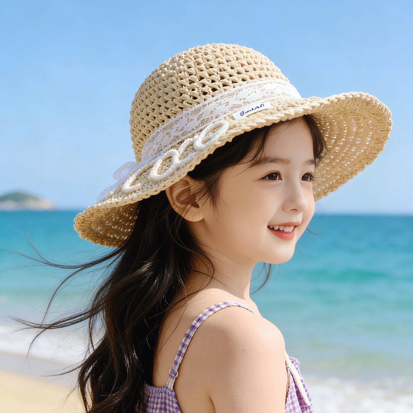 儿童帽子女孩夏季大帽檐渔夫帽草帽遮阳防晒户外海边沙滩女童薄款
