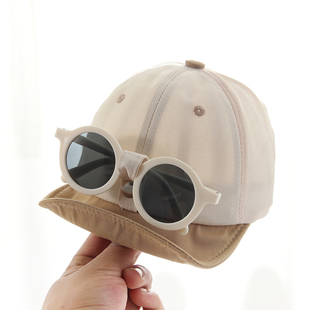 宝宝帽子夏季薄款透气遮阳鸭舌帽带墨镜男宝户外一岁男孩出游洋气