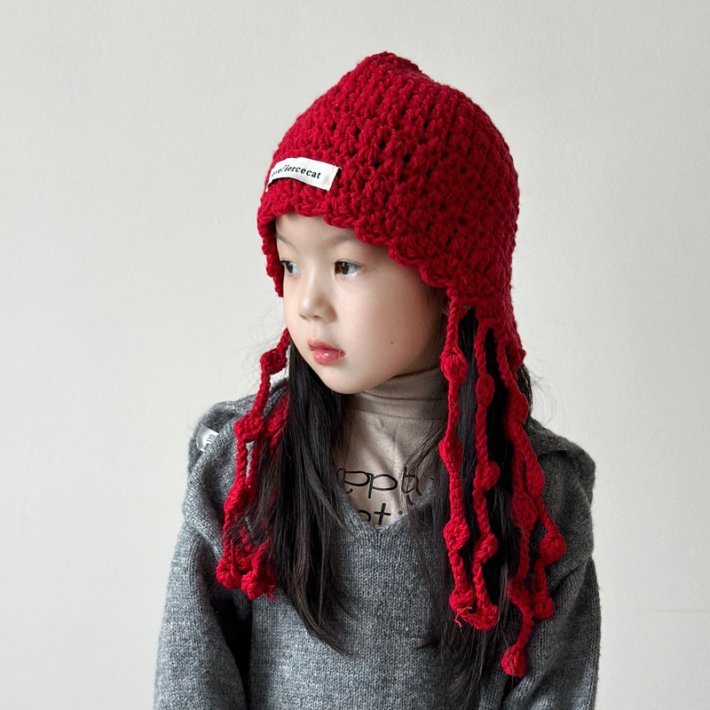 儿童帽子秋冬季女孩针织帽2025新款女童韩系红色毛线帽女童冬季