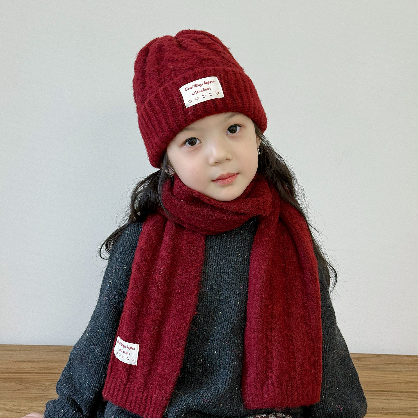 儿童帽子围巾套装冬季保暖护耳防风女童针织帽红色圣诞女孩毛线帽