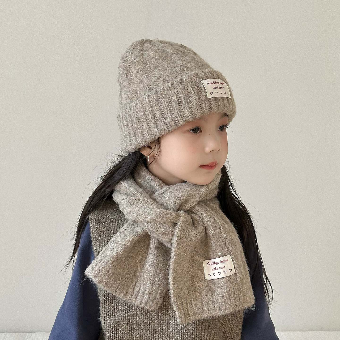 女童帽子冬季保暖护耳防风毛线帽围巾套装儿童简约洋气女孩针织帽