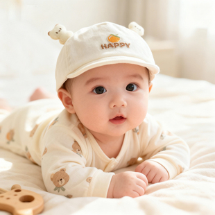 婴儿帽子0到3个月春秋季薄款A类纯棉新生儿鸭舌帽洋气可爱女宝帽
