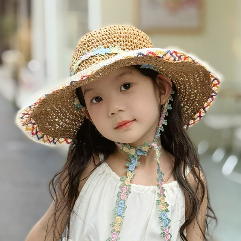 儿童帽子女款2025新款女童出游防晒草帽大帽檐遮阳女孩海边太阳帽