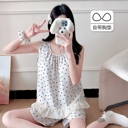 焕尼棉绸防凸点带胸垫睡衣套装