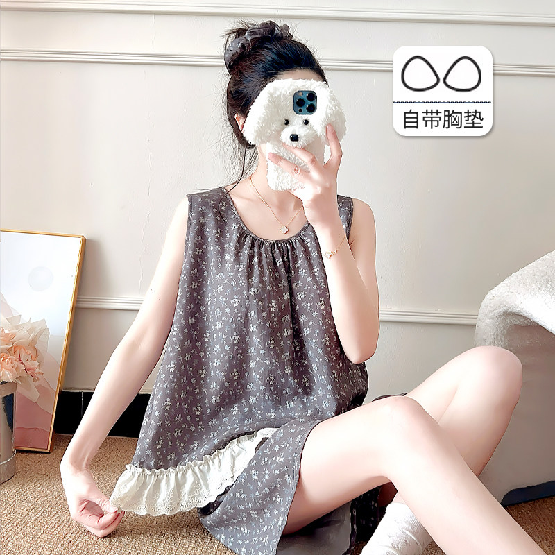 防凸点背心短裤棉绸套装女春夏秋季自带胸垫莱赛尔睡衣洋气家居服