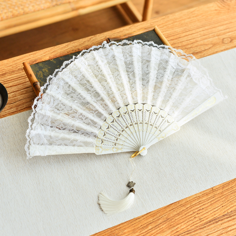 中国风双层白色蕾丝小折扇