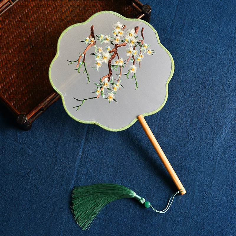 素雅白梅中国风长柄榉木双面刺绣团扇子圆形女式汉服旗袍复古风典