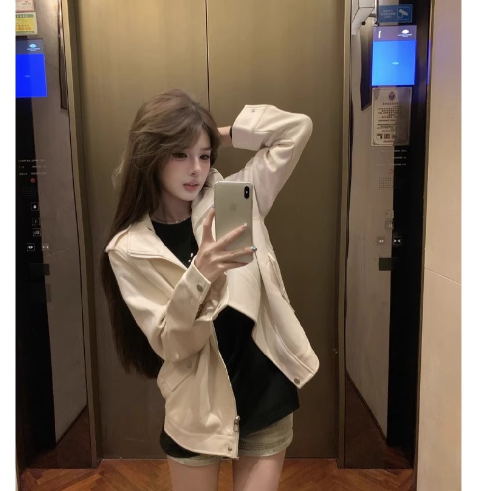 鹿皮绒米色立领长袖外套女秋季宽松夹克机车服设计感气质开衫上衣