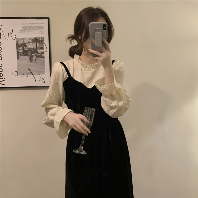 实拍实价！法式复古假两件丝绒a字长裙女韩版气质显瘦长袖连衣裙