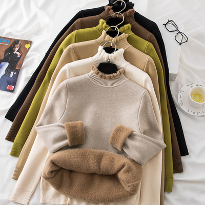 孕妇加绒毛衣女秋冬孕期加厚半高领套头保暖一体绒内搭针织打底衫