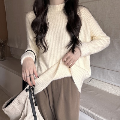 孕妇大码加绒加厚打底一体水貂绒毛衣秋冬孕期半高领内搭针织毛衫