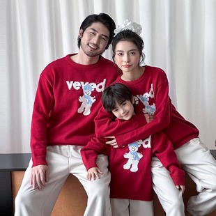 一家三四口喜庆亲子装新年红色圣诞毛衣雪人加厚针织衫母女母子装