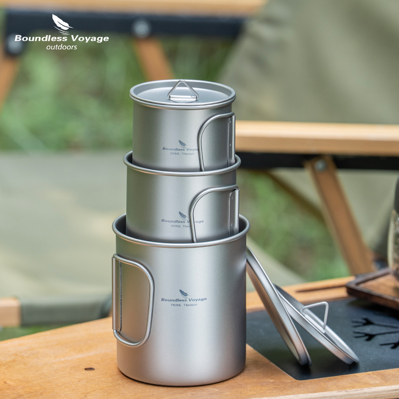 必唯户外纯钛马克杯带盖折叠手柄钛水杯单层咖啡杯便携式旅行露营