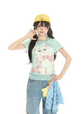 小杭还没吃饱原创卡通猫咪印花波点短袖T恤女轻薄修身显瘦上衣潮
