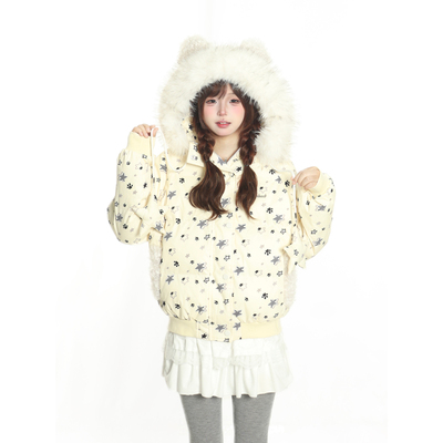 可爱满印星星狗爪毛领连帽棉服女