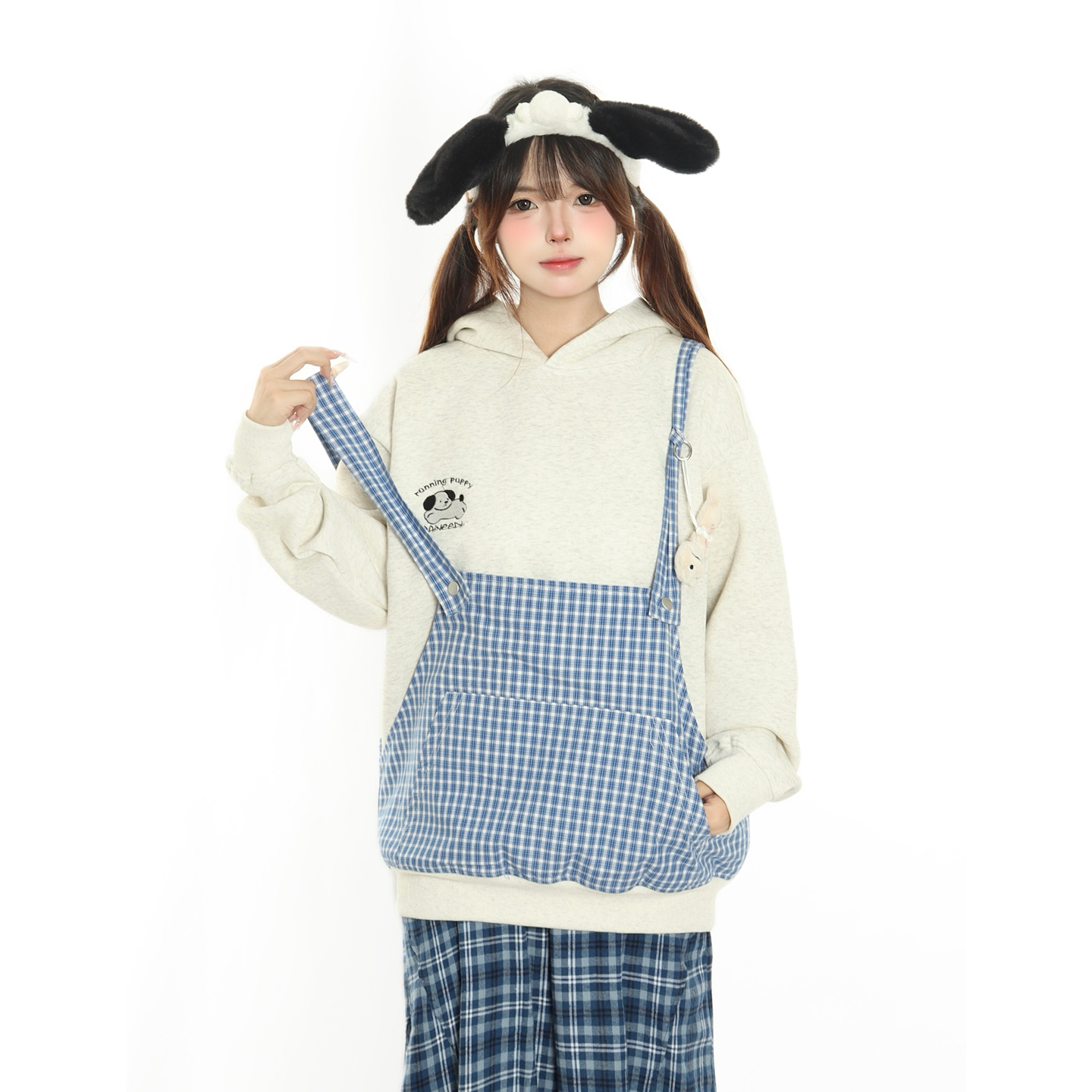 学院风假两件拆卸背带连帽卫衣女