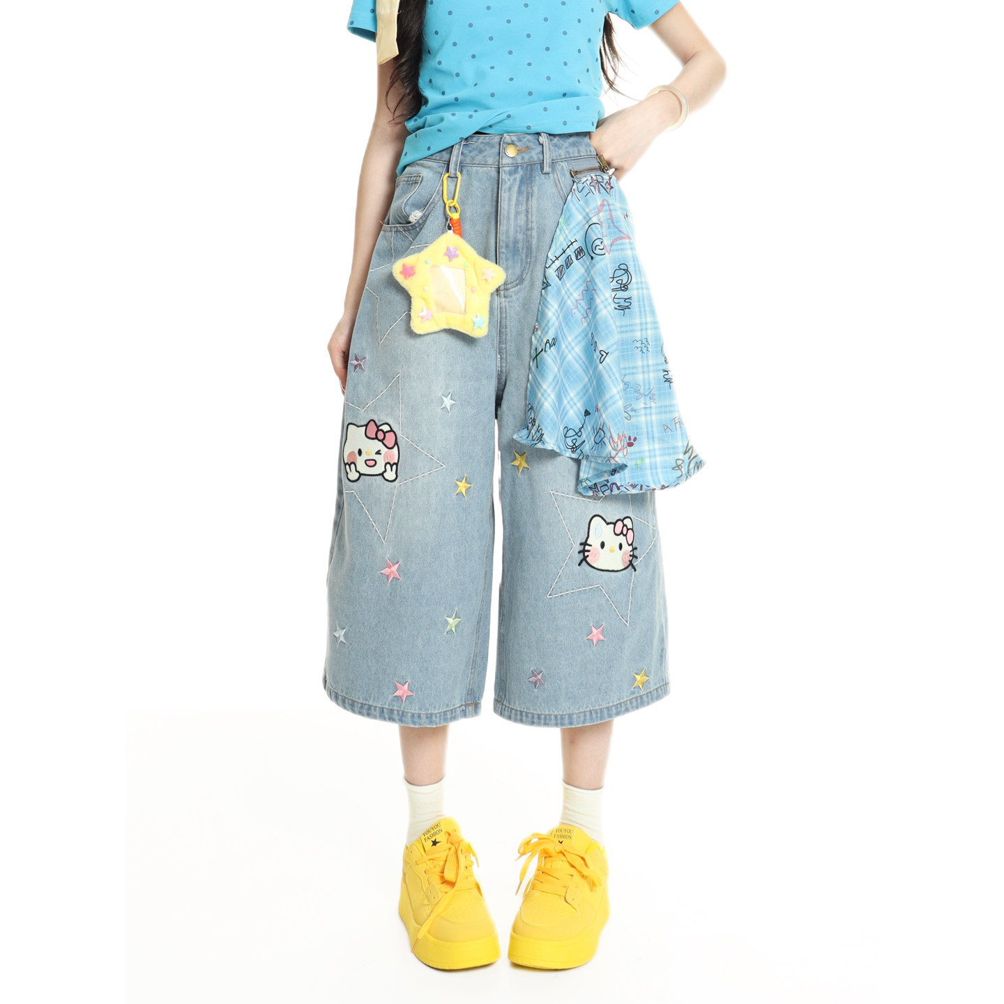 小杭还没吃饱原创美式小猫刺绣格纹星星牛仔七分裤女宽松设计短裤