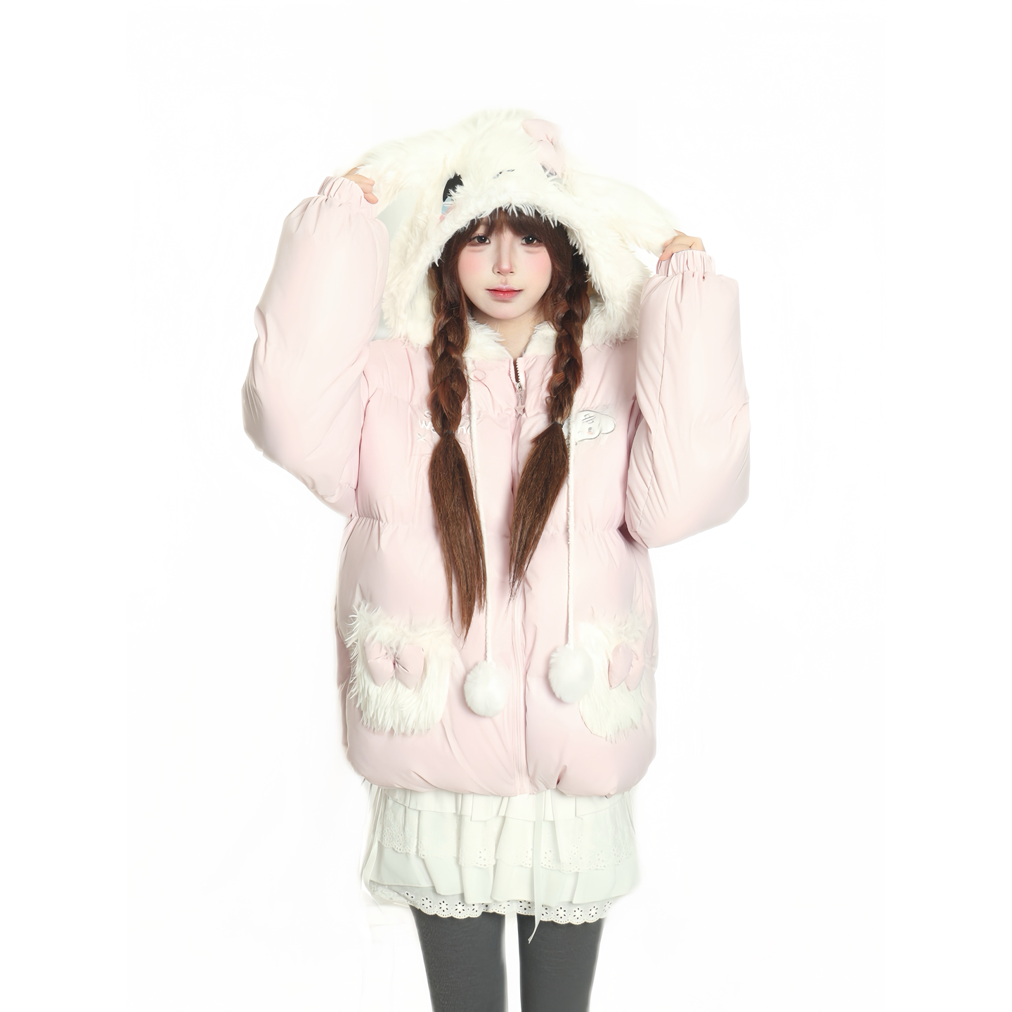 原创甜美毛绒兔耳朵棉服女保暖潮