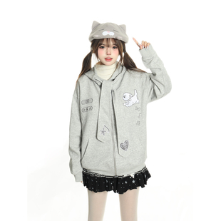 小杭还没吃饱原创可爱刺绣小狗连帽开衫卫衣女长耳朵绑带宽松外套