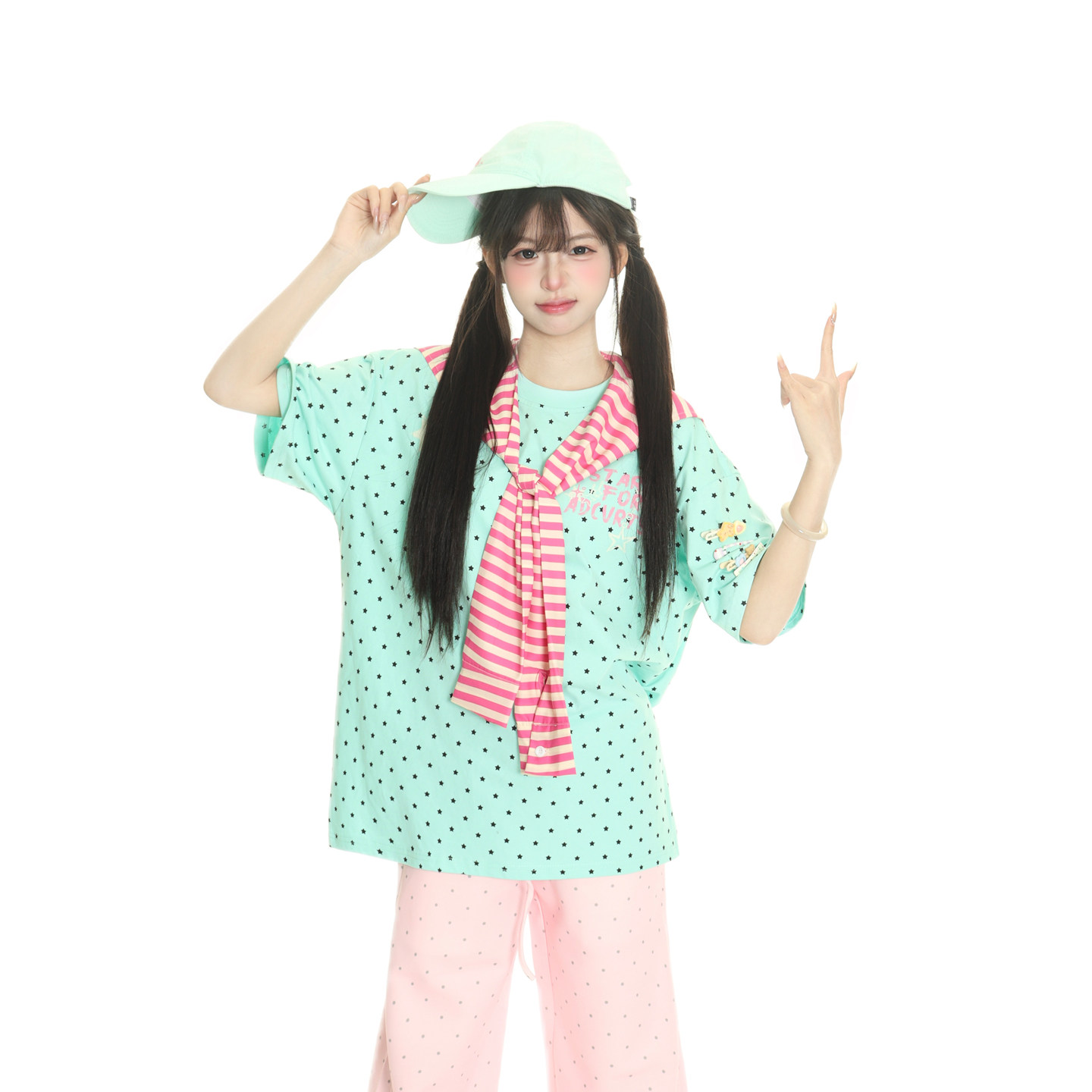 小杭还没吃饱原创美式满印星星多巴胺短袖可拆卸条纹披肩男女重磅