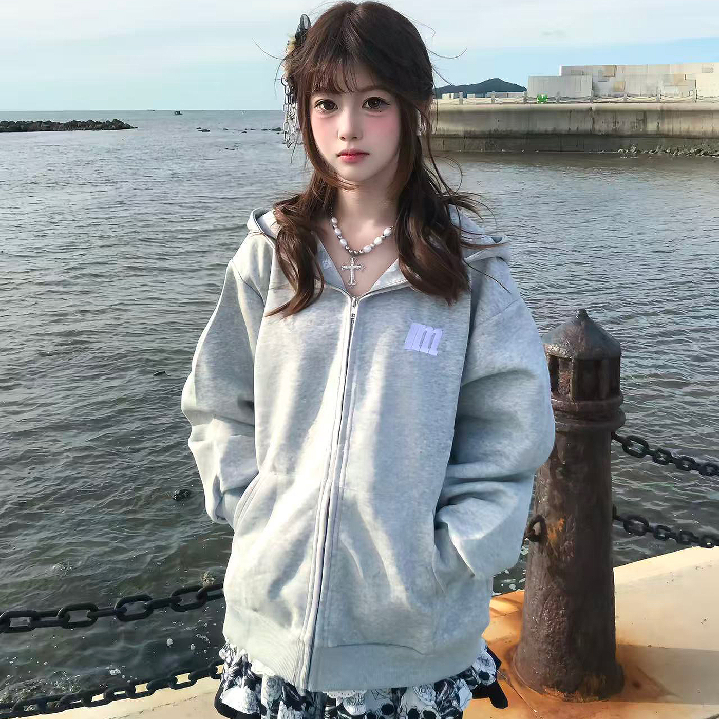 原创美式印花开衫连帽外套男女潮