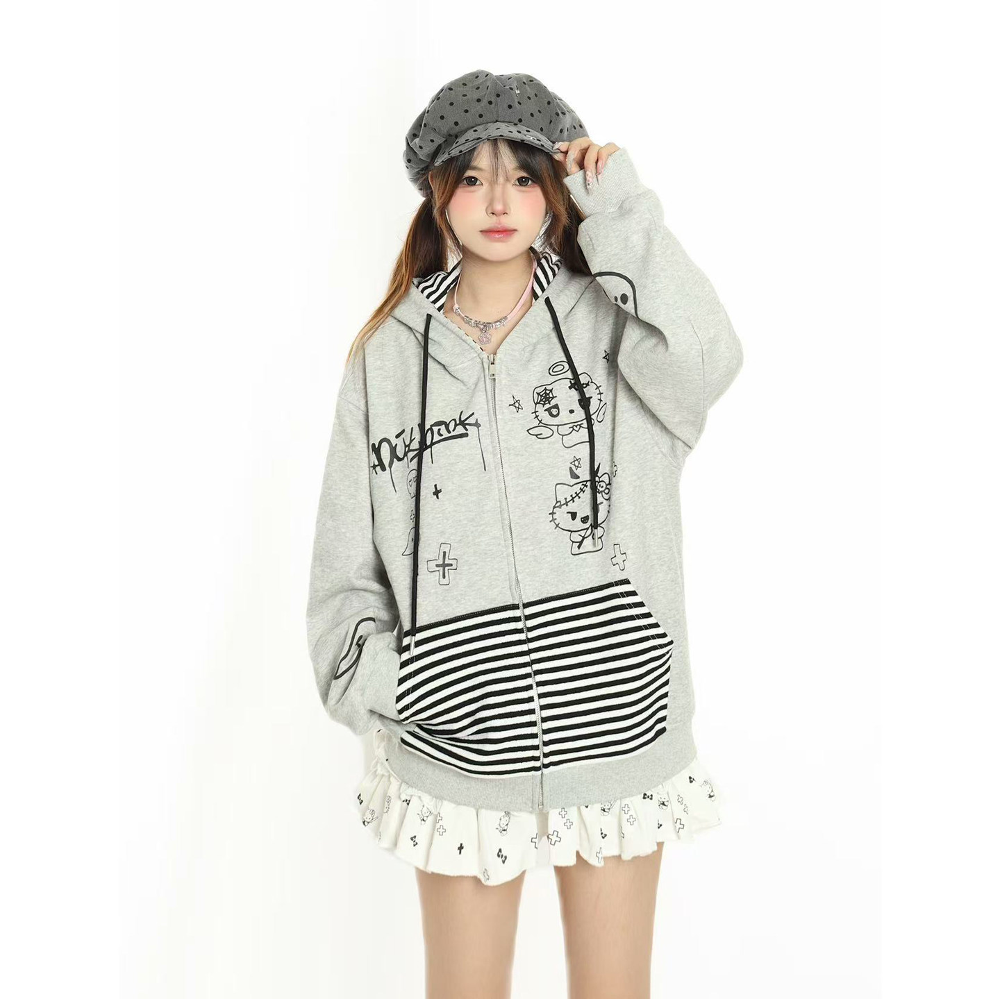 小杭还没吃饱原创可爱甜酷条纹小猫外套女宽松慵懒风开衫连帽卫衣