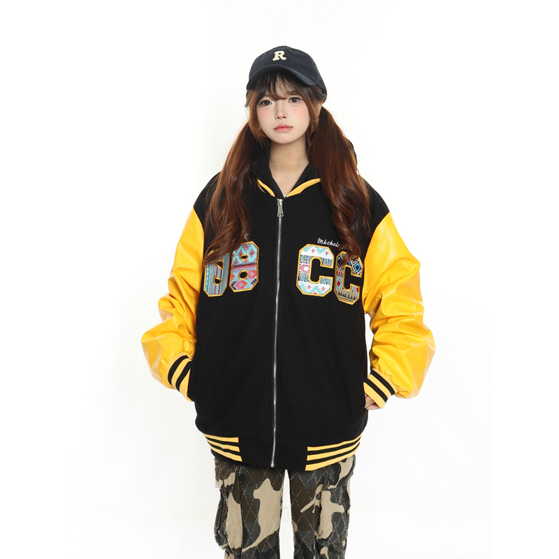 美式复古刺绣字母棒球服国潮外套