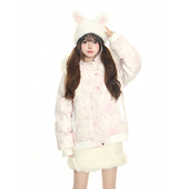 小杭还没吃饱原创甜美满印雪花雪人棉服女可拆卸毛绒帽子保暖棉衣