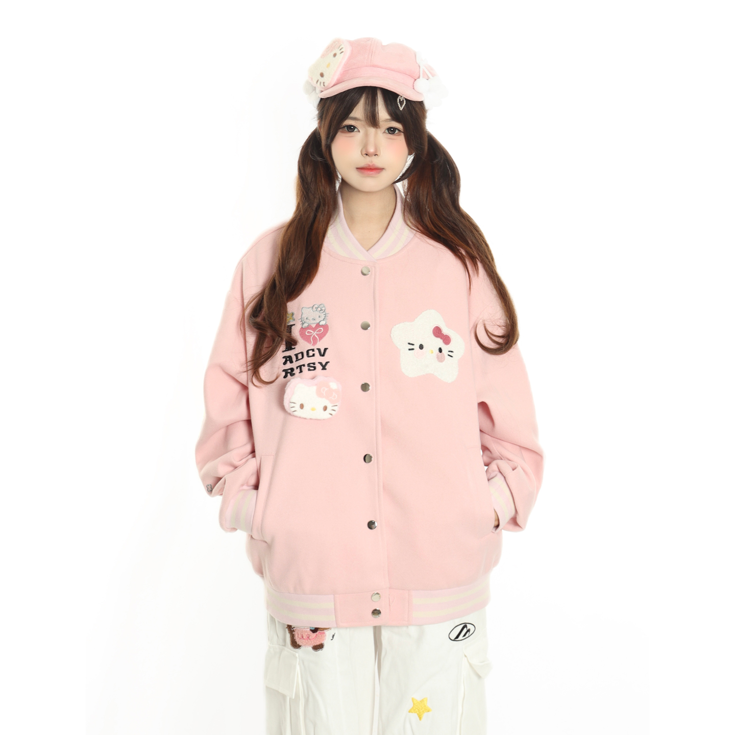 可爱学院风猫咪刺绣宽松棒球服女
