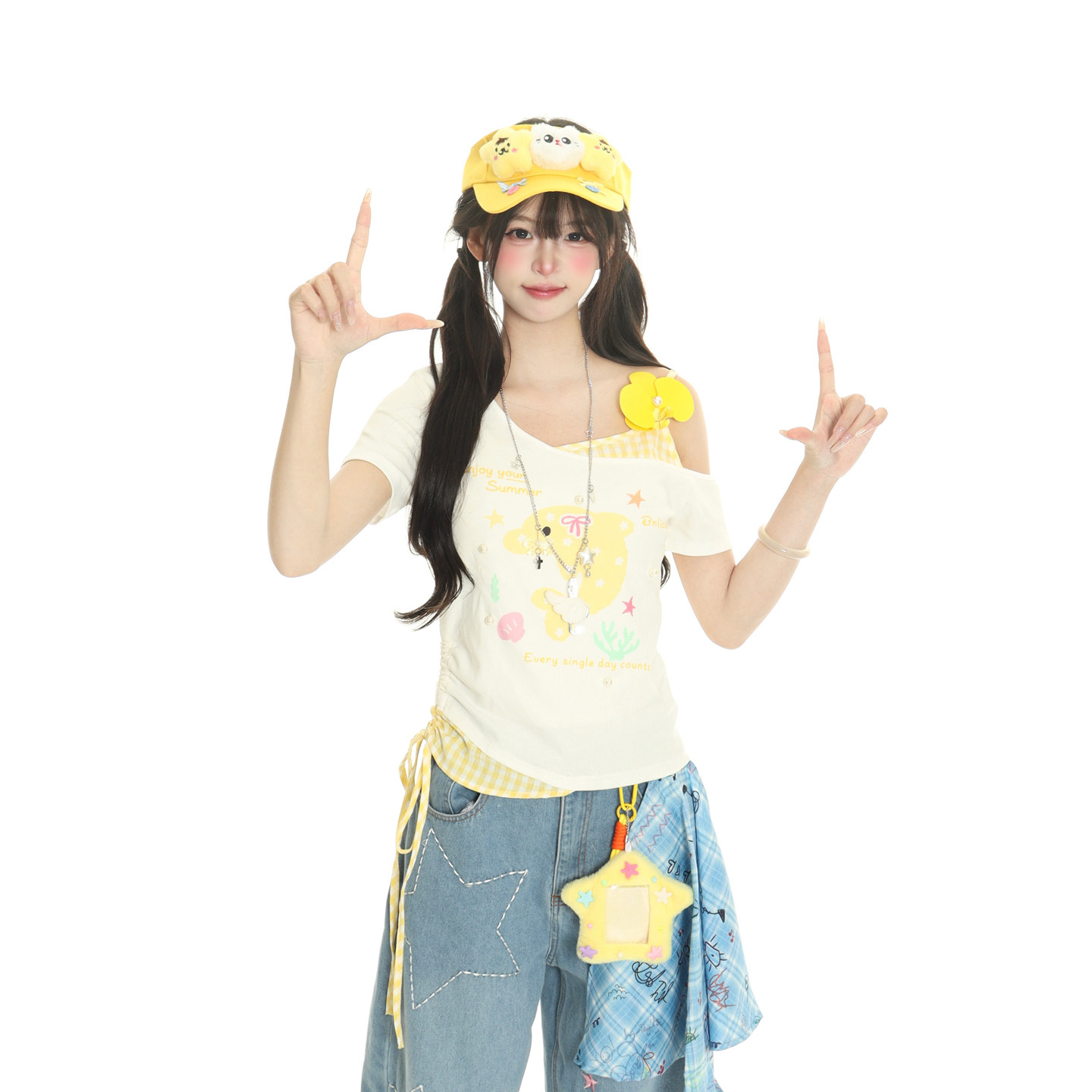 小杭还没吃饱原创甜美花朵蝴蝶结假两件斜肩短袖T恤女露肩上衣潮