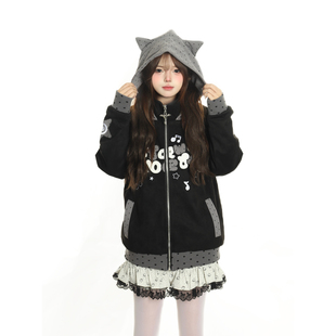 小杭还没吃饱原创甜美撞色字母刺绣连帽开衫卫衣女宽松设计感外套