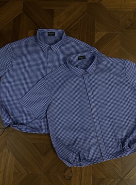 RTIMFD手工收褶皇室蓝格子短袖衬衫cleanfit立体短宽抽绳t恤miu系