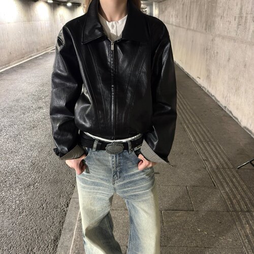 弯月结构千鸟格内PU皮夹克