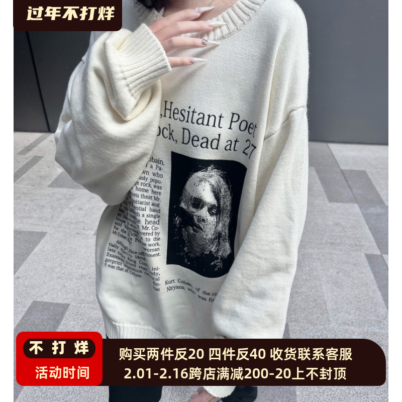 RTIM涅槃复古柯本标语圆领毛衣cleanfit宽松欧美重磅羊毛针织衫潮