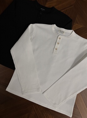 RTIMFD做旧果实扣华夫格亨利领长袖cleanfit秋冬基础百搭正肩长袖